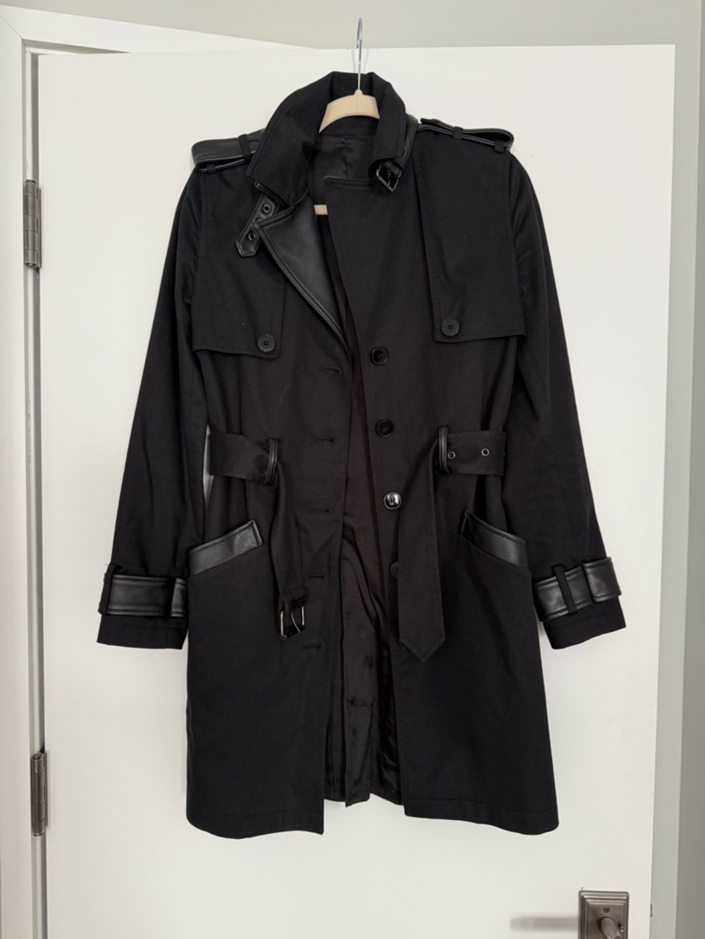 The Kopples black trench with leather detailing, size 36